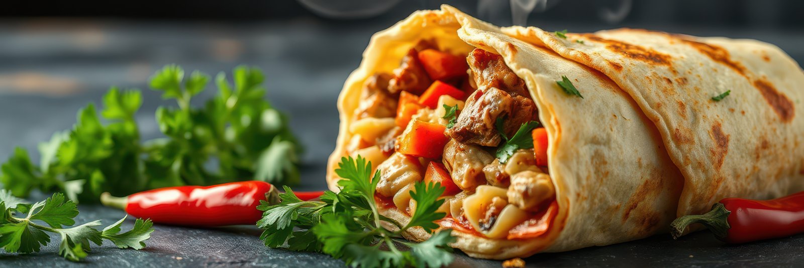 Delicious freshly made burrito filled with tender meat, fresh vegetables, and herbs served on a dark stone surface